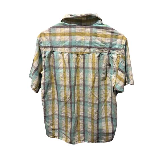 Kavu Button up Shirt Mens M Short Sleeve Blue White Yellow Tan Gorpcore Outdoor - Picture 4 of 4